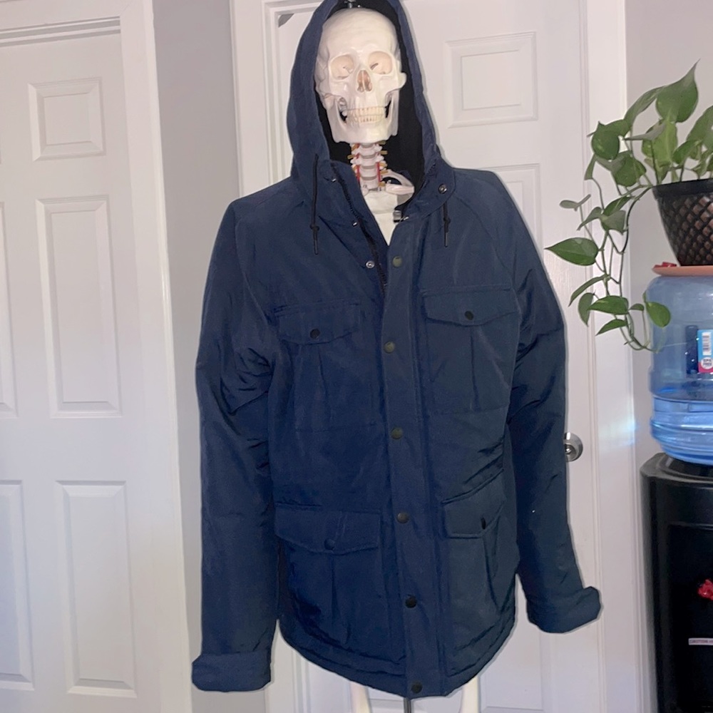 Blue Mens Hooded puffy Jacket for cold with Pockets Medium Size